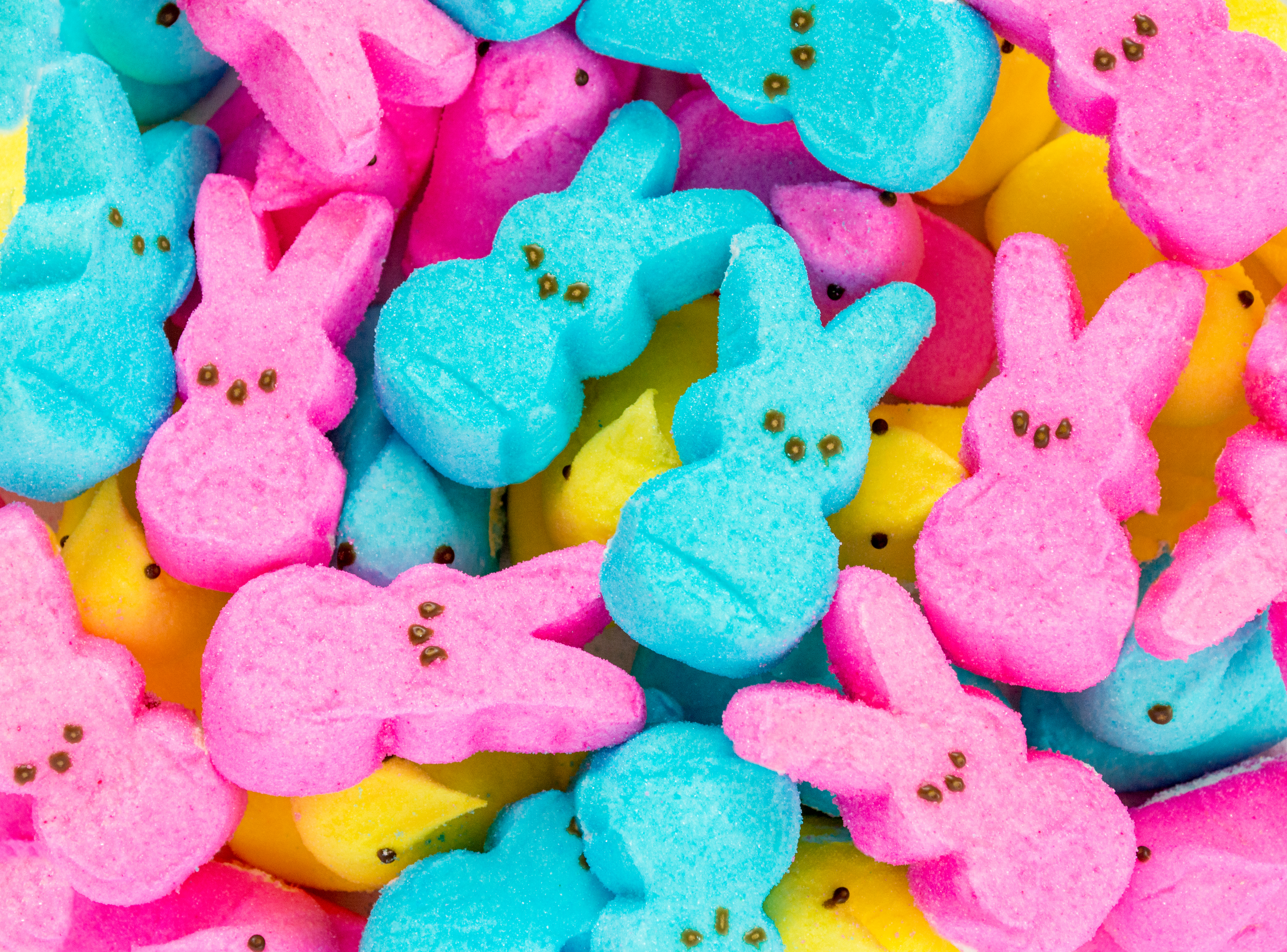 Blue, pink, and yellow marshmallow Peeps in bunny and chick varieties.
